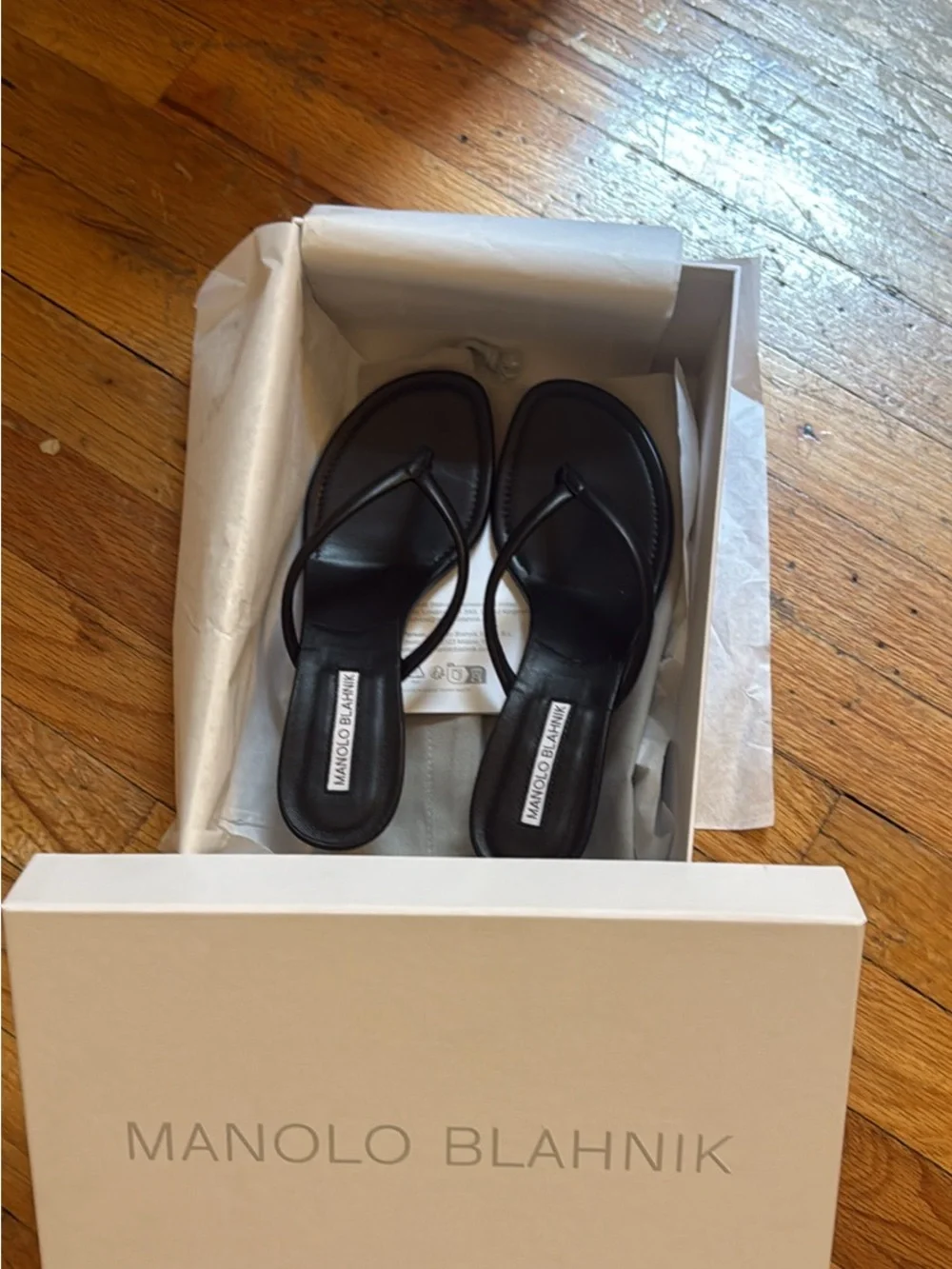 Manolo Blahnik Black Leather Minimal Thong Sandals